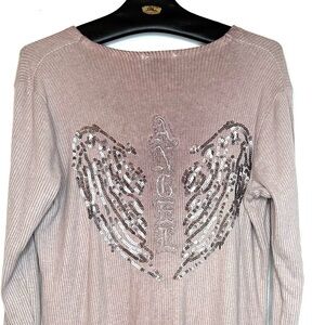 Belle France Woman’s Cardigan Duster S Angel Spellout Wings Rhinestones Y2K